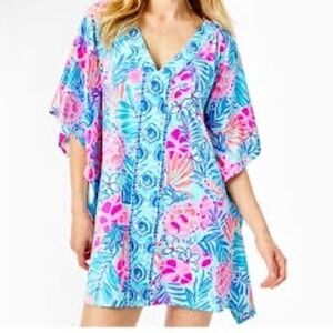 Lilly Pulitzer yucSkyla Cover-Up Kaftan Size Large Pink Blue Coveted Style